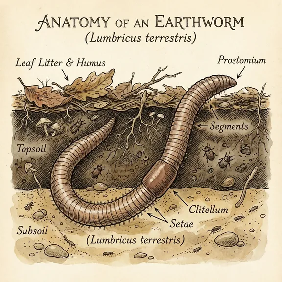 Detailed cross-section illustration of an earthworm in soil layers